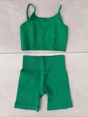 ADANOLA Green Ribbed Tank and Biker Shorts Set